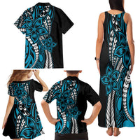 Polynesian Plumeria Floral Tattoo Pattern Family Matching Tank Maxi Dress and Hawaiian Shirt Blue Style LT9 - Polynesian Pride