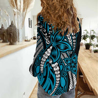 Polynesian Plumeria Floral Tattoo Pattern Women Casual Shirt Blue Style LT9 - Polynesian Pride
