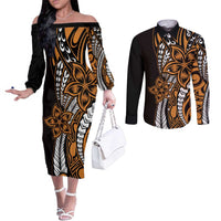 Polynesian Plumeria Floral Tattoo Pattern Couples Matching Off The Shoulder Long Sleeve Dress and Long Sleeve Button Shirt Gold Style LT9 Gold - Polynesian Pride