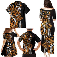Polynesian Plumeria Floral Tattoo Pattern Family Matching Puletasi and Hawaiian Shirt Gold Style LT9 - Polynesian Pride