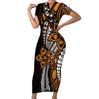 Polynesian Plumeria Floral Tattoo Pattern Short Sleeve Bodycon Dress Gold Style
