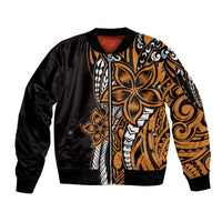 Polynesian Plumeria Floral Tattoo Pattern Sleeve Zip Bomber Jacket Gold Style