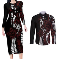 Polynesian Plumeria Floral Tattoo Pattern Couples Matching Long Sleeve Bodycon Dress and Long Sleeve Button Shirt Oxblood Style LT9 Oxblood - Polynesian Pride