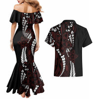 Polynesian Plumeria Floral Tattoo Pattern Couples Matching Mermaid Dress and Hawaiian Shirt Oxblood Style LT9 - Polynesian Pride