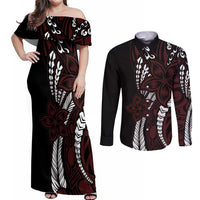 Polynesian Plumeria Floral Tattoo Pattern Couples Matching Off Shoulder Maxi Dress and Long Sleeve Button Shirt Oxblood Style LT9 Oxblood - Polynesian Pride