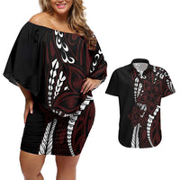 Polynesian Plumeria Floral Tattoo Pattern Couples Matching Off Shoulder Short Dress and Hawaiian Shirt Oxblood Style LT9 Oxblood - Polynesian Pride