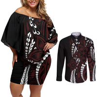 Polynesian Plumeria Floral Tattoo Pattern Couples Matching Off Shoulder Short Dress and Long Sleeve Button Shirt Oxblood Style LT9 Oxblood - Polynesian Pride