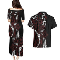 Polynesian Plumeria Floral Tattoo Pattern Couples Matching Puletasi and Hawaiian Shirt Oxblood Style LT9 - Polynesian Pride