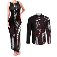 Polynesian Plumeria Floral Tattoo Pattern Couples Matching Tank Maxi Dress and Long Sleeve Button Shirt Oxblood Style LT9 Oxblood - Polynesian Pride