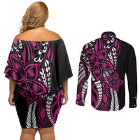 Polynesian Plumeria Floral Tattoo Pattern Couples Matching Off Shoulder Short Dress and Long Sleeve Button Shirt Pink Style