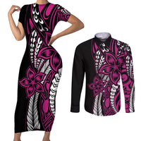 Polynesian Plumeria Floral Tattoo Pattern Couples Matching Short Sleeve Bodycon Dress and Long Sleeve Button Shirt Pink Style LT9 Pink - Polynesian Pride
