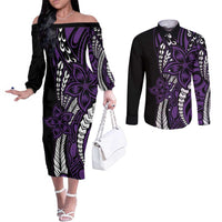 Polynesian Plumeria Floral Tattoo Pattern Couples Matching Off The Shoulder Long Sleeve Dress and Long Sleeve Button Shirt Purple Style LT9 Purple - Polynesian Pride