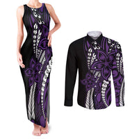 Polynesian Plumeria Floral Tattoo Pattern Couples Matching Tank Maxi Dress and Long Sleeve Button Shirt Purple Style LT9 Purple - Polynesian Pride