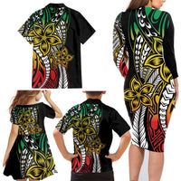 Polynesian Plumeria Floral Tattoo Pattern Family Matching Long Sleeve Bodycon Dress and Hawaiian Shirt Reggae Style