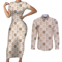 Hawaiian Palaka Quilt Pattern Couples Matching Short Sleeve Bodycon Dress and Long Sleeve Button Shirt Hawaii Culture Bird of Paradise Exotic Motif - Polynesian Pride