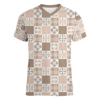 Hawaiian Palaka Quilt Pattern Women V-Neck T-Shirt Hawaii Culture Bird of Paradise Exotic Motif LT9 Female Beige - Polynesian Pride