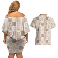 Hawaiian Palaka Quilt Pattern Couples Matching Off Shoulder Short Dress and Hawaiian Shirt Hawaii Culture Honu Turtle - Polynesian Pride