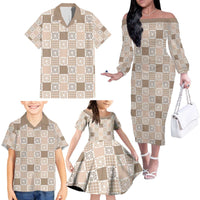 Hawaiian Palaka Quilt Pattern Family Matching Off The Shoulder Long Sleeve Dress and Hawaiian Shirt Hawaii Culture Honu Turtle - Polynesian Pride
