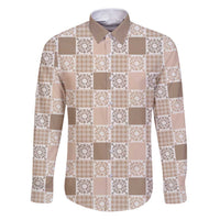 Hawaiian Palaka Quilt Pattern Family Matching Puletasi and Hawaiian Shirt Hawaii Culture Honu Turtle LT9 Dad's Shirt - Long Sleeve Beige - Polynesian Pride