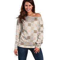 Hawaiian Palaka Quilt Pattern Off Shoulder Sweater Hawaii Culture Honu Turtle - Polynesian Pride