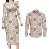 Hawaiian Palaka Quilt Pattern Couples Matching Long Sleeve Bodycon Dress and Long Sleeve Button Shirt Hawaii Culture Pineapple - Polynesian Pride