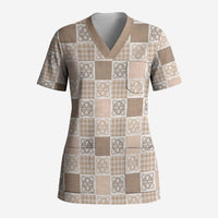 Hawaiian Palaka Quilt Pattern Scrub Top Hawaii Culture Tropical Flowers Mix - Polynesian Pride