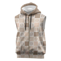 Hawaiian Palaka Quilt Pattern Sleeveless Zip Hoodie Hawaii Culture Tropical Flowers Mix LT9 Beige - Polynesian Pride