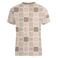 Hawaiian Palaka Quilt Pattern Women V-Neck T-Shirt Hawaii Culture Tropical Flowers Mix - Polynesian Pride