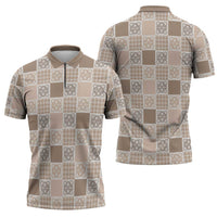 Hawaiian Palaka Quilt Pattern Zipper Polo Shirt Hawaii Culture Tropical Flowers Mix - Polynesian Pride