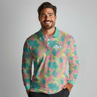 Seamless Hawaiian Quilt Pattern Long Sleeve Polo Shirt Hawaii Culture Palm Leaf Tropical - Polynesian Pride
