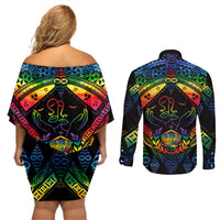 tonga-lgbt-couples-matching-off-shoulder-short-dress-and-long-sleeve-button-shirts-love-is-love-ngatu-rainbow-water-color