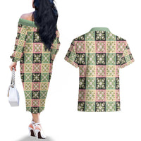 Seamless Pattern Maile and Pikake Lei Couples Matching Off The Shoulder Long Sleeve Dress and Hawaiian Shirt Squares Maile Leaf - Polynesian Pride