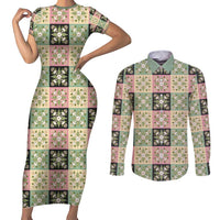 Seamless Pattern Maile and Pikake Lei Couples Matching Short Sleeve Bodycon Dress and Long Sleeve Button Shirt Squares Maile Leaf - Polynesian Pride