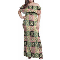 Seamless Pattern Maile and Pikake Lei Family Matching Off Shoulder Maxi Dress and Hawaiian Shirt Squares Maile Leaf - Polynesian Pride
