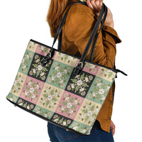 Seamless Pattern Maile and Pikake Lei Leather Tote Bag Squares Maile Leaf LT9 - Polynesian Pride