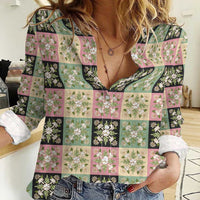 Seamless Pattern Maile and Pikake Lei Women Casual Shirt Squares Maile Leaf - Polynesian Pride