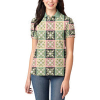 Seamless Pattern Maile and Pikake Lei Women Polo Shirt Squares Maile Leaf - Polynesian Pride