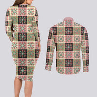 Seamless Pattern Pikake Lei Couples Matching Long Sleeve Bodycon Dress and Long Sleeve Button Shirt Floral Squares Pikake - Polynesian Pride