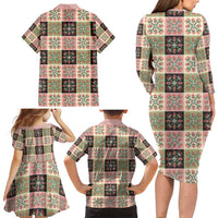 Seamless Pattern Pikake Lei Family Matching Long Sleeve Bodycon Dress and Hawaiian Shirt Floral Squares Pikake - Polynesian Pride