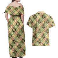 Seamless Pattern Puakenikeni and Kalo Couples Matching Off Shoulder Maxi Dress and Hawaiian Shirt - Polynesian Pride