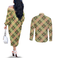 Seamless Pattern Puakenikeni and Kalo Couples Matching Off The Shoulder Long Sleeve Dress and Long Sleeve Button Shirt - Polynesian Pride