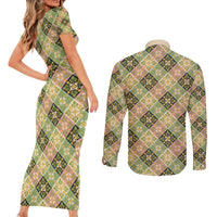 Seamless Pattern Puakenikeni and Kalo Couples Matching Short Sleeve Bodycon Dress and Long Sleeve Button Shirt - Polynesian Pride