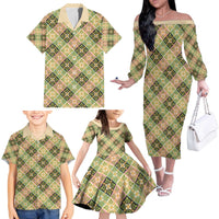 Seamless Pattern Puakenikeni and Kalo Family Matching Off The Shoulder Long Sleeve Dress and Hawaiian Shirt - Polynesian Pride