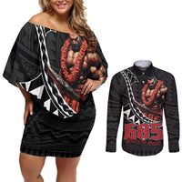 Samoan Pride Polynesian Tribal Warrior Couples Matching Off Shoulder Short Dress and Long Sleeve Button Shirt 685 Samoa Mo Samoa