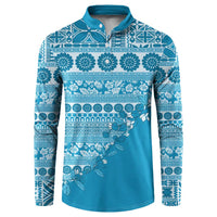 Fiji Marau na Kerisimasi Button Sweatshirt Aqua Tagimoucia Tapa Masi Tribal - Polynesian Pride