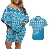 Fiji Marau na Kerisimasi Couples Matching Off Shoulder Short Dress and Hawaiian Shirt Aqua Tagimoucia Tapa Masi Tribal LT9 Aqua - Polynesian Pride