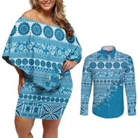 Fiji Marau na Kerisimasi Couples Matching Off Shoulder Short Dress and Long Sleeve Button Shirt Aqua Tagimoucia Tapa Masi Tribal - Polynesian Pride
