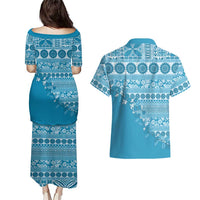 Fiji Marau na Kerisimasi Couples Matching Puletasi and Hawaiian Shirt Aqua Tagimoucia Tapa Masi Tribal LT9 - Polynesian Pride