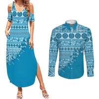 Fiji Marau na Kerisimasi Couples Matching Summer Maxi Dress and Long Sleeve Button Shirt Aqua Tagimoucia Tapa Masi Tribal - Polynesian Pride