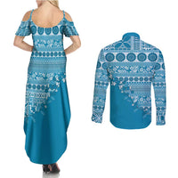 Fiji Marau na Kerisimasi Couples Matching Summer Maxi Dress and Long Sleeve Button Shirt Aqua Tagimoucia Tapa Masi Tribal - Polynesian Pride